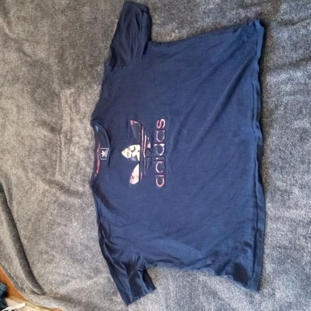 Navy Adidas cropped oversize floral applique top